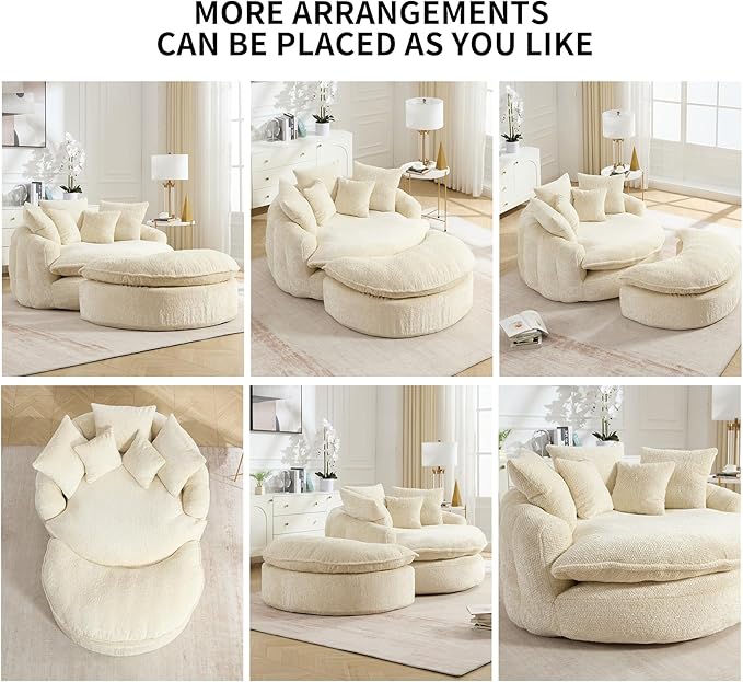Oversized Fluffy Chenille Lounge Sofa - Extra Deep Seat Cozy Reading Circle Couch for Living Room | Indoor Lounge &amp Oversized Round Accent Design (Beige - with Ottoman)