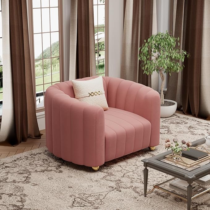 42 Velvet Sofa Chair for Living Room Modern Single Sofa with Gold Metal Sphere Legs (Pink-1 Seater)