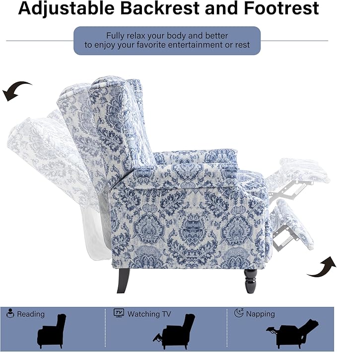 Recliner Chair Upholstered Wingback Floral Pushback Armchair with Adjustable Backrest &amp Footrest Comfy Accent Chair Reading Single Sofa for Small Spaces Living Room Bedroom (Navy Blue Set of