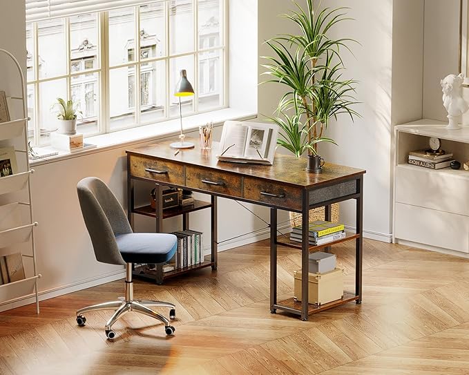 ODK Office Small Computer Desk: Home Table with Fabric Drawers &amp Storage Shelves Modern Writing Desk Vintage 48x16