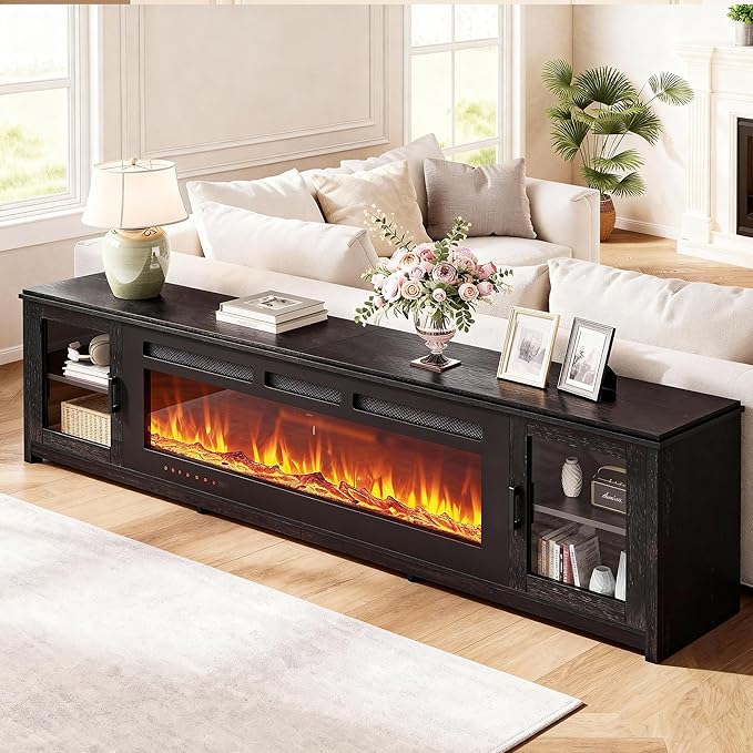 90 Fireplace TV Stand with WI-FI Enabled Modern 60 Smart Fireplace Entertainment Center Fire Place TV Console Adjustable 12-Color LED Lights for Living Room Black
