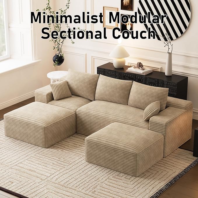 Modular Sectional Sofa Cloud Couch 108'' Comfy U Shaped Sectional Couches for Living Room Deep Seat Cozy Fluffy Corduroy Boneless Couch Sectionals Sofa with Movable Ottomanm Light Brown