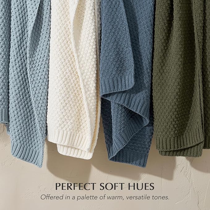 EVERGRACEHOME Chunky Chenille Knit Throw Blanket for Couch Soft Luxurious Moss Stitch Blankets for Bed Cozy Decorative Farmhouse Knitted Throws for Sofa Chambray Blue 60 x 80