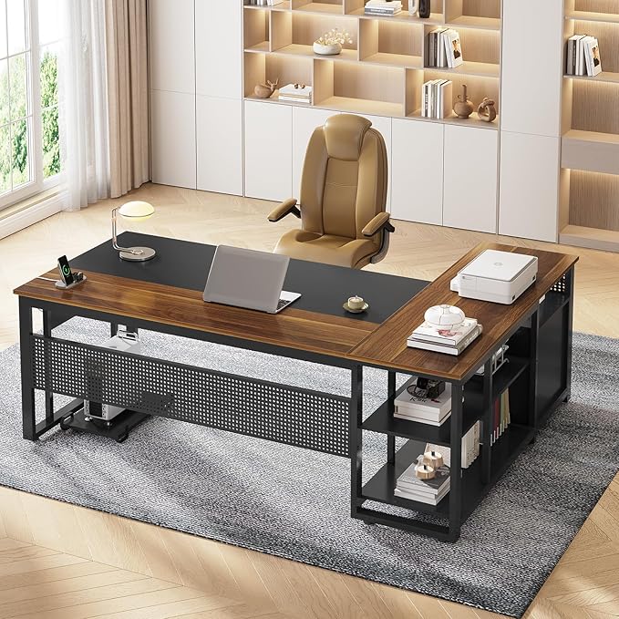 71 in Executive Desk with Power Outlets Reversible L Shaped Computer Desk with File Drawers &amp Storage Shelves Large Office Desk with Pegboard Mobile CPU Stand Modern Corner Desk (Walnut)
