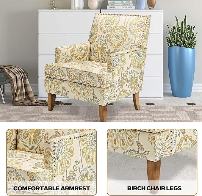 Modern Floral Wingback Accent Chair - Upholstered Fabric Club Chair for Living Room Bedroom &amp Reception Room Mid-Century Comfort Sofa Chair with Elegant Home Decor (Floral 1)