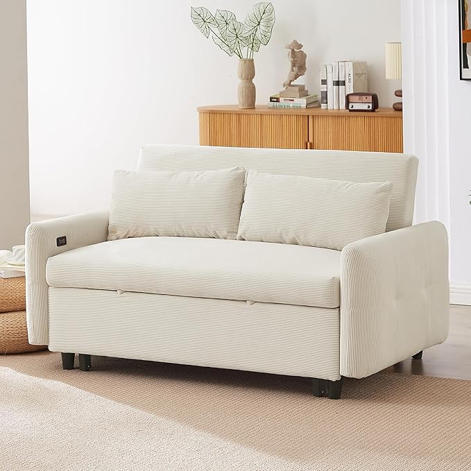 57.48 Beige Corduroy 2 Seat Convertible Pull Out Sofa Bed with USB Ports Small Space Modern Convertible Loveseat Sofa Couch for Living Room