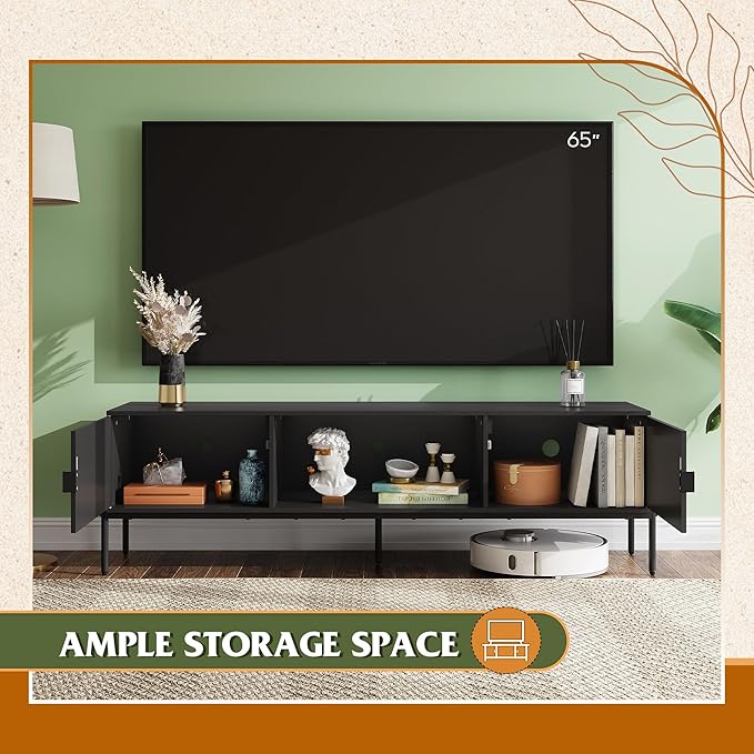 WLIVE TV Stand for 65 Inch TV Mid Century Modern Entainment Center with 2 Storage Cabinets &amp Open Shelf TV Console Table Media with Metal Legs for Living Room Bedroom Black
