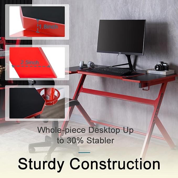 JJS 48 Home Office Gaming Computer Desk R Shaped Large Gamer Workstation PC Table with Cup Holder Headphone Hook Free Mouse pad Black/Red