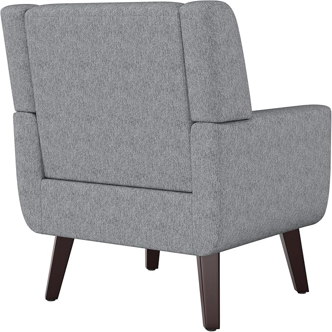 Accent Chairs Mid-Century Modern Upholstered Living Room Armchair Comfy Oversized Linen Fabric Single Reading Arm Chair with Tufted Back and Wood Legs for Bedroom Club (1 Grey)