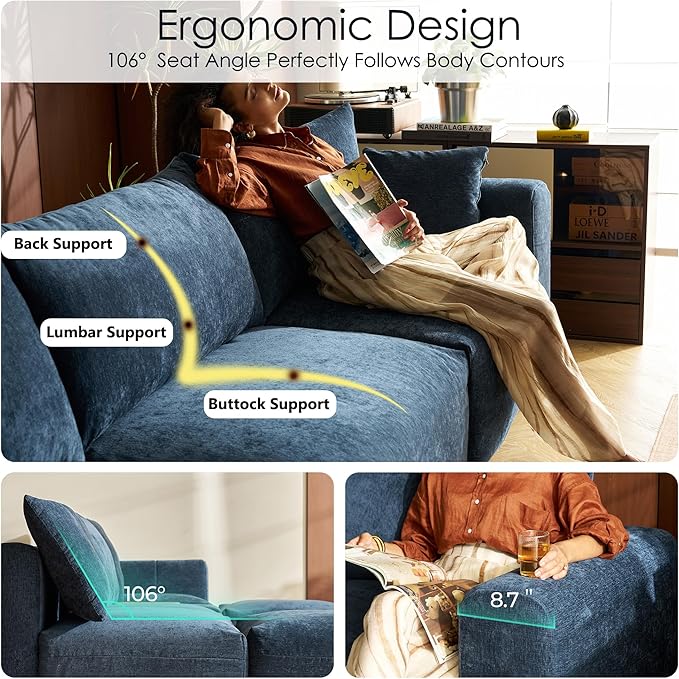 LINSY HOME Cloud Couch Sectional Modular Sofa Sectionals for Living Room Bedroom 91 2 Seater Love Seat Couch with Ottoman Deep Seat Cozy Couch Luxury Chenille Sofas Blue
