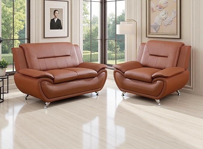 Living Room Furniture Sets 2-Piece Living Room Sofa Set Orange Faux Leather Sofa Couches Loveseat and Chair for Bedroom Apartment Rv Car
