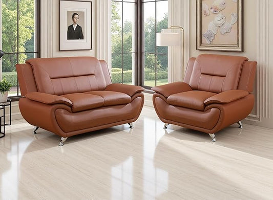 Living Room Furniture Sets 2-Piece Living Room Sofa Set Orange Faux Leather Sofa Couches Loveseat and Chair for Bedroom Apartment Rv Car