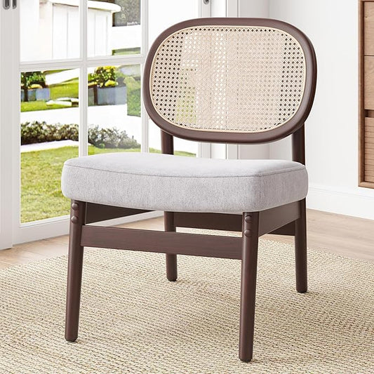 Farini Rattan Accent Chair Upholstered Living Room Chair with Rattan Back &amp Wood Frame Mid-Century Modern Reading Chair for Living Room Bedroom Beige