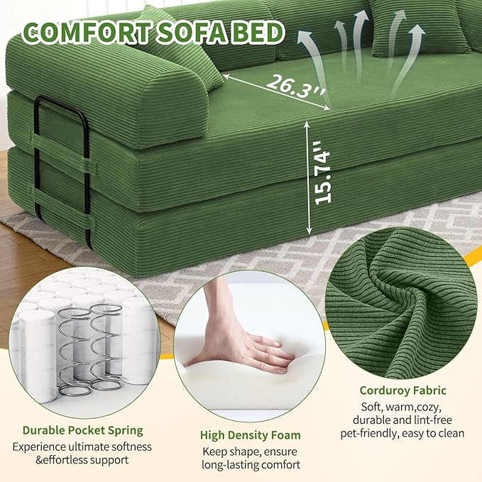Convertible Sleeper Sofa Bed 1600lbs Weight Capacity Floor Sofa Bed with Fixed-Shape Frame Corduroy Foldable Couch for Small Space Lounge Mattress for Living Room Apartment Game Room (Dark Green)