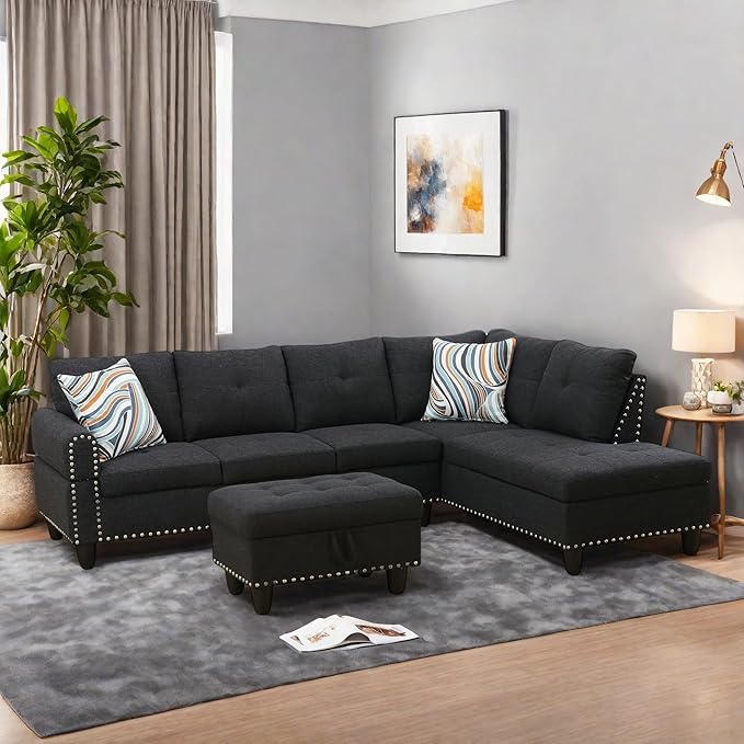 L Shaped Sectional Sofa with Ottoman Linen Modern Couches Nail-Head Design with Cup Holder for Living RoomOffice Bedroom Dark Grey