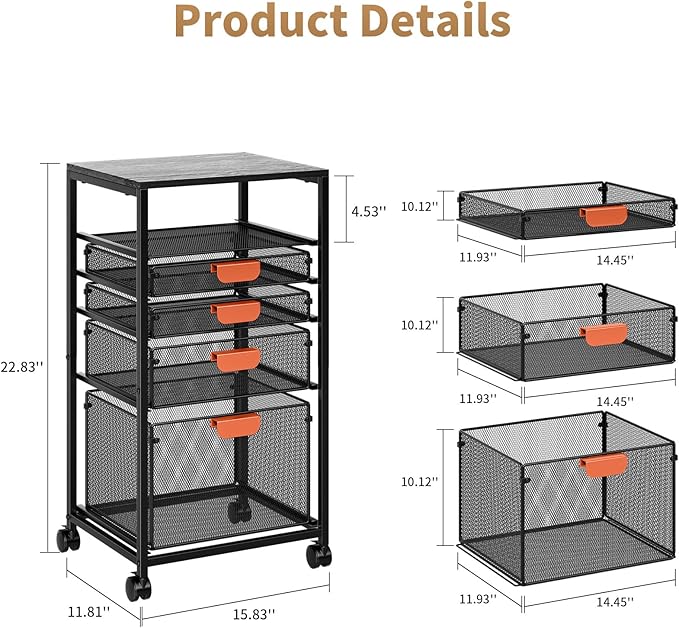 Marbrasse Rolling File Cart with 4 Storage Drawers Mobile File Cabinet on Lockable Wheels Hanging Filing Cabinet Organize Under Desk Utility Cart for Home Office