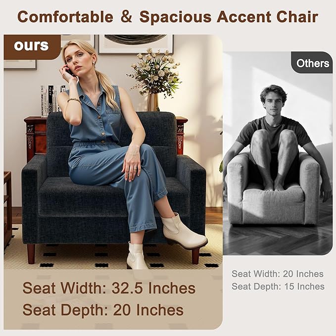Mid Century Modern Accent Chair Chenille Sofa Chairs for Living Room Comfy Upholstered Armchair Reading Chair for Bedroom Apartment Studio Office Reading Spaces（2Pack Dark Grey）