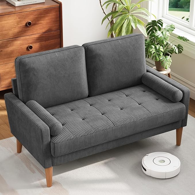 Vesgantti Loveseat Sofa with Solid Wood Legs48 Small Corduroy Couches for Small Spaces Mid Century Modern Love Seat for Living Room Bedroom Easy Assembly with Throw Pillow Grey