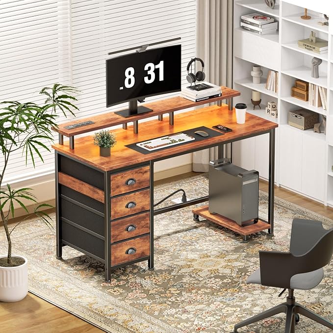 Furologee Computer Desk with Power Outlets &amp Monitor Stand 47 Inch Reversible Gaming Desk with LED Lights &amp 4 Fabric Drawers Writing Work Table for Home Office Bedroom Rustic Brown