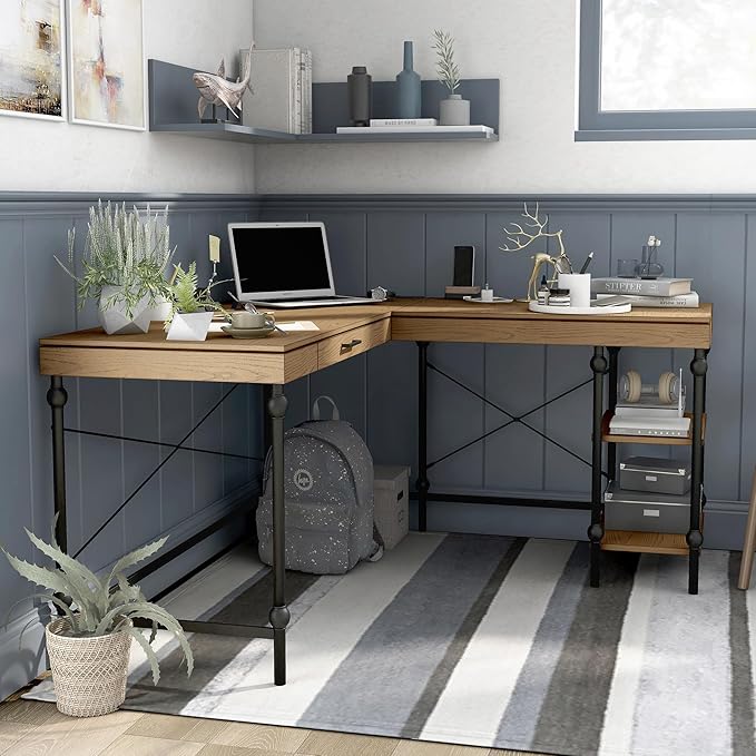24/7 Shop at Home Monier Farmhouse Metal 2 Shelves Corner Computer Desk with USB Port Power Outlet 1 Drawer for Workstation Home Office Study Room Oak Brown