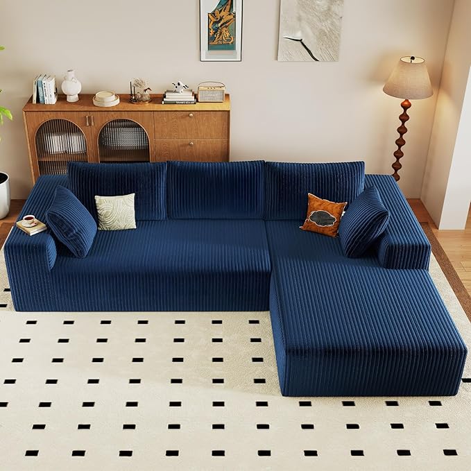 96 Modular Sectional Sofa Modern Corduroy Cloud Couch with Deep Seat Boneless Couch Upholstered 3-Seater L-Shaped Sofa for Living Room No Assembly Required (Blue Right-Facing Chaise)