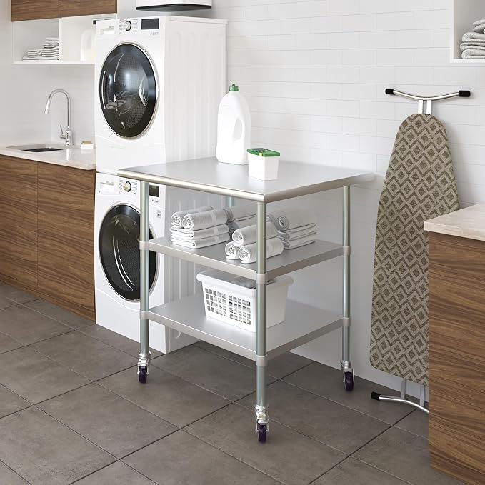 AmGood Stainless Steel Work Table with 2 Shelves and Casters | Metal Utility Table On Wheels (Stainless Steel Work Table with 2 Shelves + Casters 36 Long x 30 Deep)