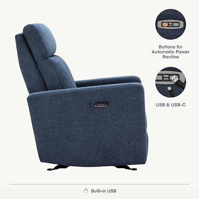 Nurture&amp The Glider Premium Power Recliner Nursery Glider Chair with Adjustable Head Support | Designed with a Thoughtful Combination of Function and Comfort | Built-in USB Charger (Navy)