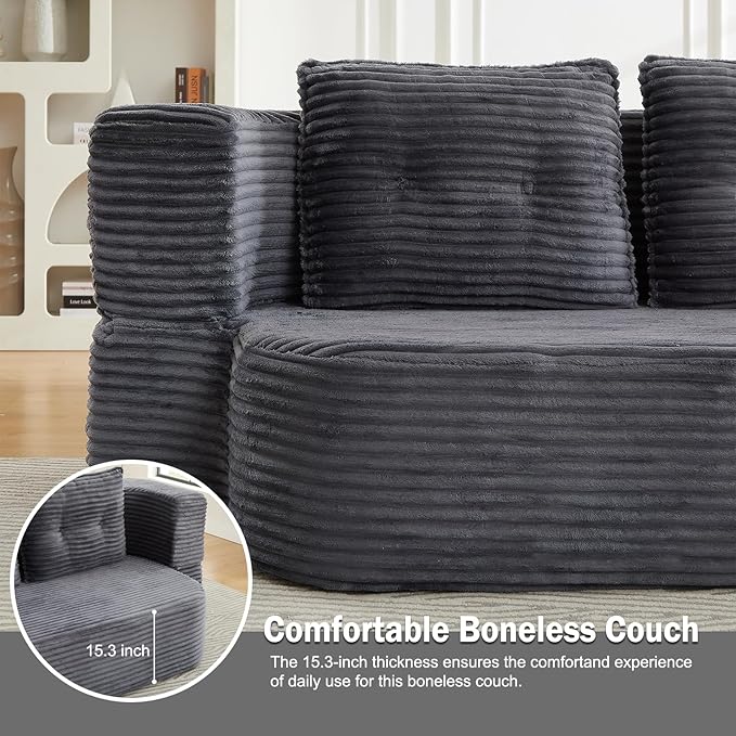 Convertible Boneless Couch 78.3” Full Size Floor Sleeper Couch Full Foam Corduroy Futon Loveseat for Living Room Bedroom No Assembly Required (Dark Grey)