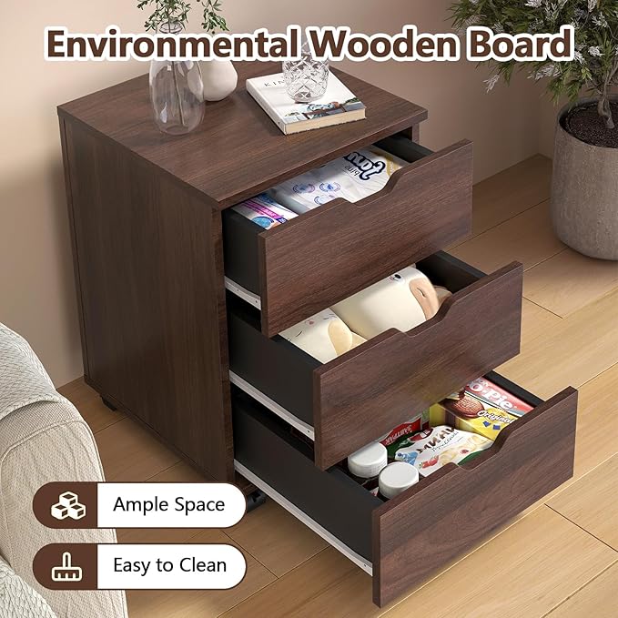 3-Drawer Mobile File Cabinet with Wheels Rolling Under Desk Wood Storage Cabinet Vertical Filing Organizer with Locking Casters for Home &amp Office (Fully AssembledBrown)