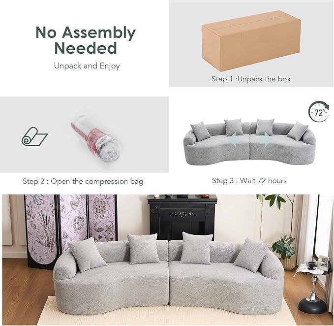 Oversized Sectional Boneless Sofa for Living Room 110 Modern Luxury Chenille Sofa 4-Seater Extra Deep &amp Wide Seat Curved Cloud Couch with 4 Throw Pillows Grey