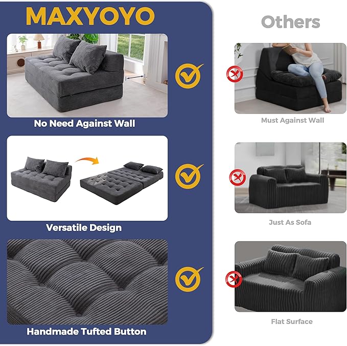 MAXYOYO Folding Sofa Couch Convertible Floor Sleeper Couch with 2 Pillows Tufted Floor Loveseat Couch Tufted Fold Out Chair Bed Comfy Sofa Lounge for Living Room Bedroom Dark Grey