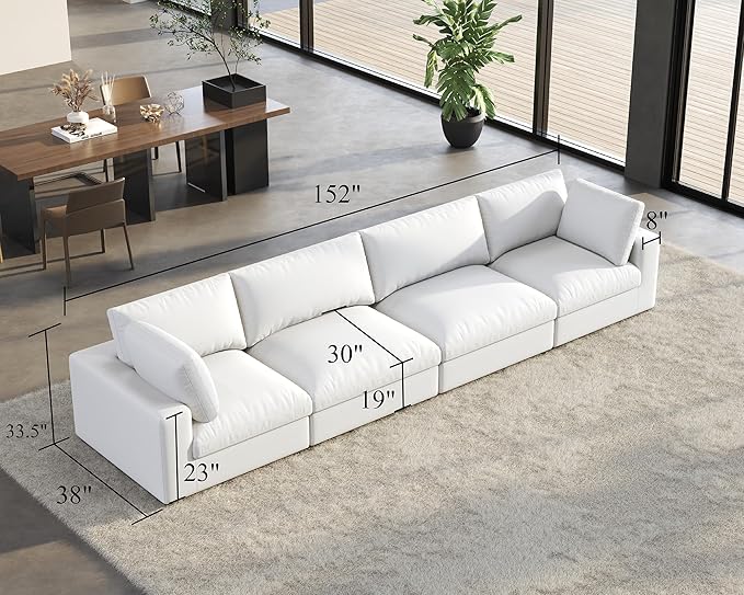 PaPaJet Modular Sectional Sofa 152 Inches Down Filled Sectional Sofa 4 Seats Oversized Comfy Couch for Living Room White Linen Cloud Couch Set