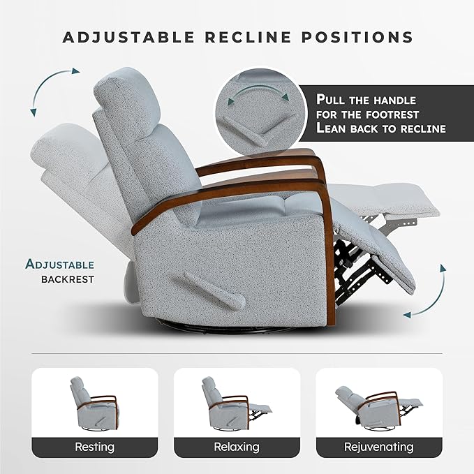 Lexicon 360 Degree Swivel Glider Reclining Chair Soft Boucle Manual Recliner Comfy Nursery Glider Recliner Wood Arms Pull Handle for Living Room/Office/Bedroom/Apartment Gray