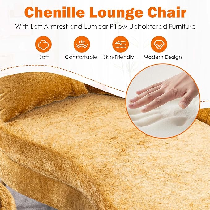 Chaise Lounge Chair Indoor Chenille Upholstered Chair with Left Armrest &amp Pillow Modern Lounge Chairs Sofa with Footstool for Living Room Bedroom Office (Yellow)
