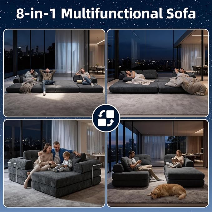 104 Modular Sectional Sofa 8-in-1 Convertible Sleeper Couch with Pet-Friendly Chenille Fabric High-Density Foam Floor Seating for Living Room Apartment (Dark Gray)