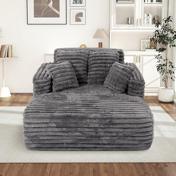 Chaise Lounge Chair Indoor Comfy Corduroy Plush Fluffy Foam Floor Compressed Sofa Chair Leisure Reading Single Sleeper Chaise Chair for Living Room Bedroom Office Pillows Included (Grey)
