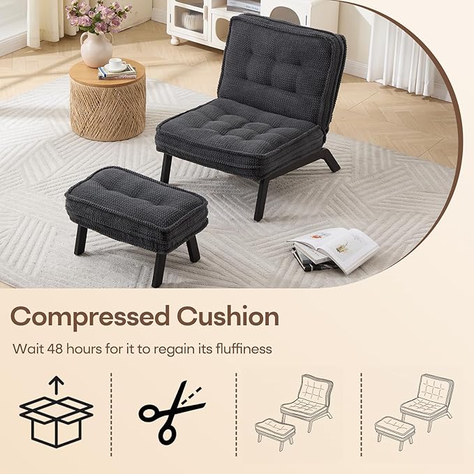 ANJ 3-Position Adjustable Accent Floor Chair Set of 2 with Ottoman Ergonomic Stable Lounge Chairs for Adults Thick Cushioned Comfy Reading Chair with Footrest for Living Room Bedroom Black