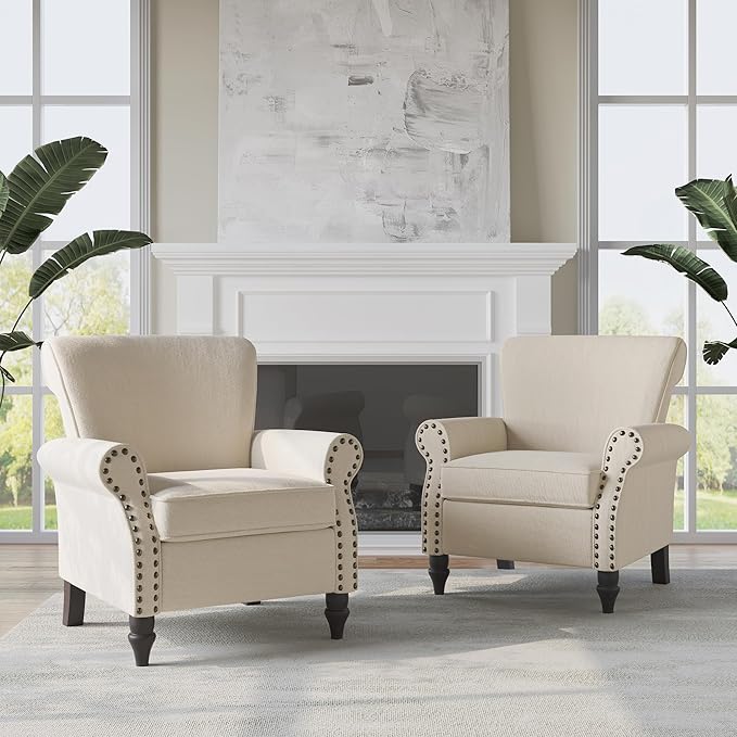 Accent Chair Upholstered Armchair with High Resilience Sponge &amp Wood Legs Mid-Century Modern Comfy Single Sofa Reading Chairs for Living Room Bedroom (Beige Set of 2)