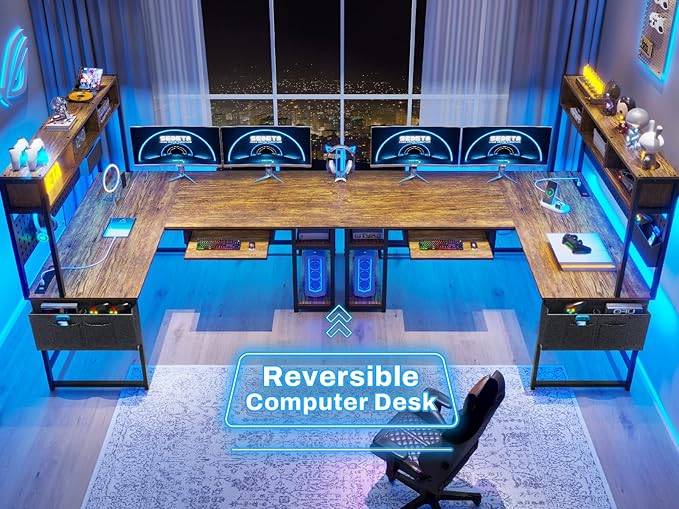 SEDETA L Shaped Computer Desk Reversible Corner Desk with Power Outlet and Pegboard Computer Desk with Led Lights Keyboard Tray Headphone Hook and Storage Shelves Rustic Brown