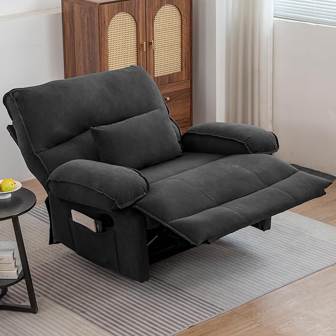 Extra Wide Velvet Manual Recliner Chair for Adults Oversized 27’’ Seat Width Reclining Sofa with Massage and Heating for Big and Tall People Overstuffed Lazy Boy Couch for Living Room Grey