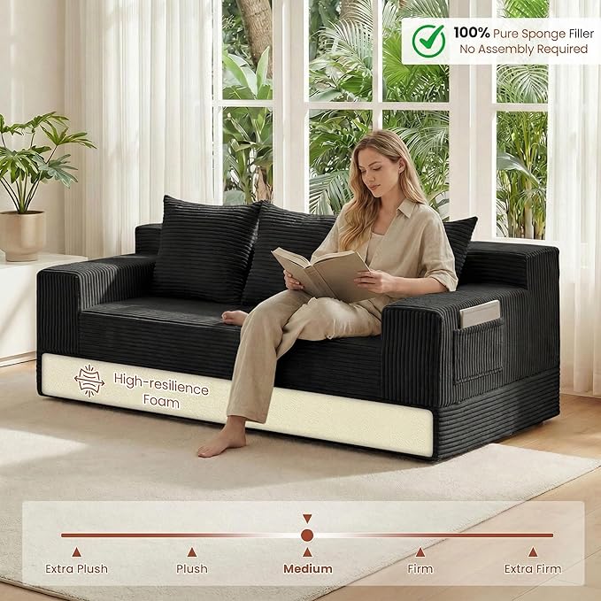 Boneless Couch 78 Inch 2 in 1 Convertible Sofa Bed Corduroy 3 Seater Fold Out Couch Oversize Boneless Loveseat Sleeper Sofa with 3 Pillows for Living Room Bedroom &amp Apartment