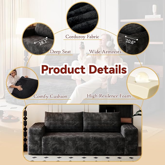 71 W Corduroy Boneless Couch 3-Seater Compression Sofa with Deep Seat No Assembly Required Comfy Loveseat Sofa with 2 Pillows Sofa Couches for Living Room/Apartment (Black 71 inch) | Breathable