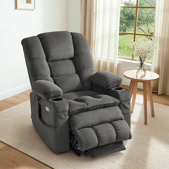 MCombo Large Triple Motor Power Lift Recliner Chair with Massage and Dual Heating Adjustable Headrest for Tall Elderly People Fabric 7634 (Grey Large)