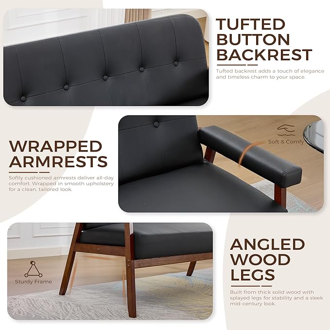 JIASTING 50” Black Leather Loveseat Sofa Mid Century Modern Small Office Love Seat Couch with Wood Arms Two Seater Couches for Small Spaces Living Room Waiting Room Bedroom Black