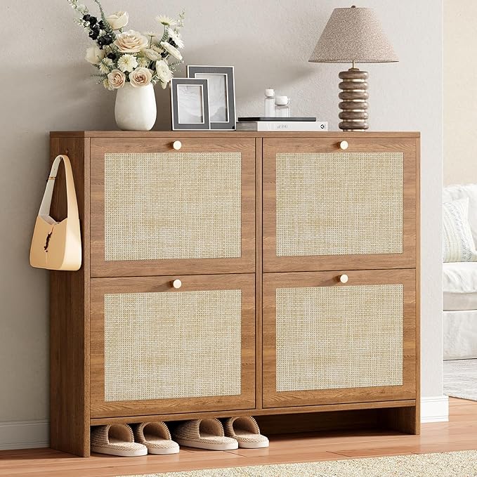 Nicetree Shoe Cabinet Storage for Entryway 4-Flip Drawer Narrow Shoe Rack Organic Modern Rattan Shoe Organizer with Gold Legs Shoe Organizer Fits Men's Size 13.5 Toasted Caramel Walnut