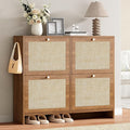 Nicetree Shoe Cabinet Storage for Entryway 4-Flip Drawer Narrow Shoe Rack Organic Modern Rattan Shoe Organizer with Gold Legs Shoe Organizer Fits Men's Size 13.5 Toasted Caramel Walnut