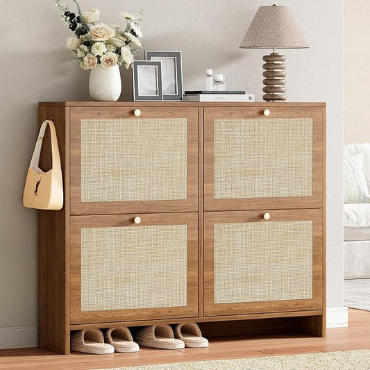 Nicetree Shoe Cabinet Storage for Entryway 4-Flip Drawer Narrow Shoe Rack Organic Modern Rattan Shoe Organizer with Gold Legs Shoe Organizer Fits Men's Size 13.5 Toasted Caramel Walnut
