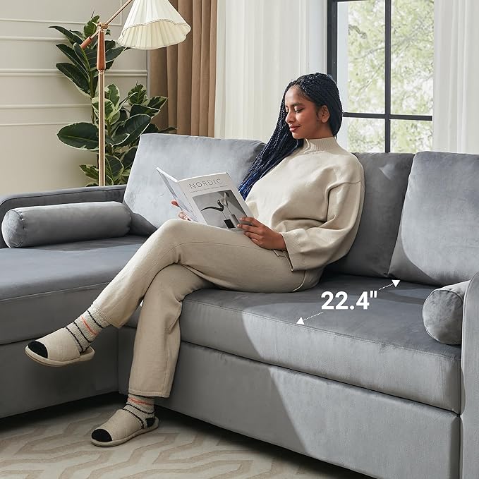 Tbfit 90.6'' 3 in 1 Sleeper Sofa Couch with Storage Chaise Velvet Sofa Bed with Pull Out Bed Convertible Sleeper Sofas for Living Room Small Spaces Grey