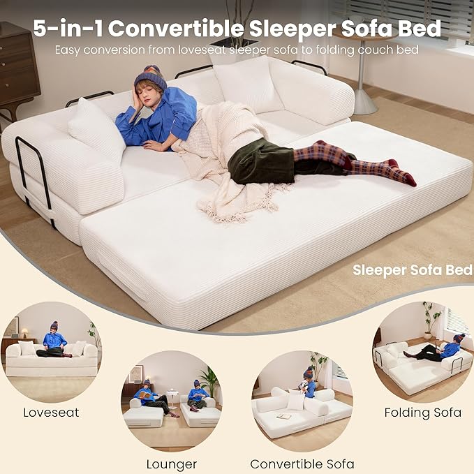 79 Convertible Sofa Bed Boneless Corduroy Sleeper Foldable Modular Couch Memory Foam Compressed Sofa in A Box Folding Mattress Floor Couch for Small Space Living Room Apartment Bedroom White
