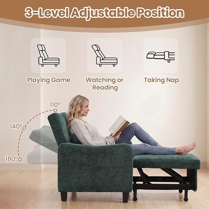 3 in 1 Convertible Sofa Bed Chair Pull Out Single Sleeper Chair Bed with Adjustable Backrest Modern Lounge Sofa for Small SpaceDark Green